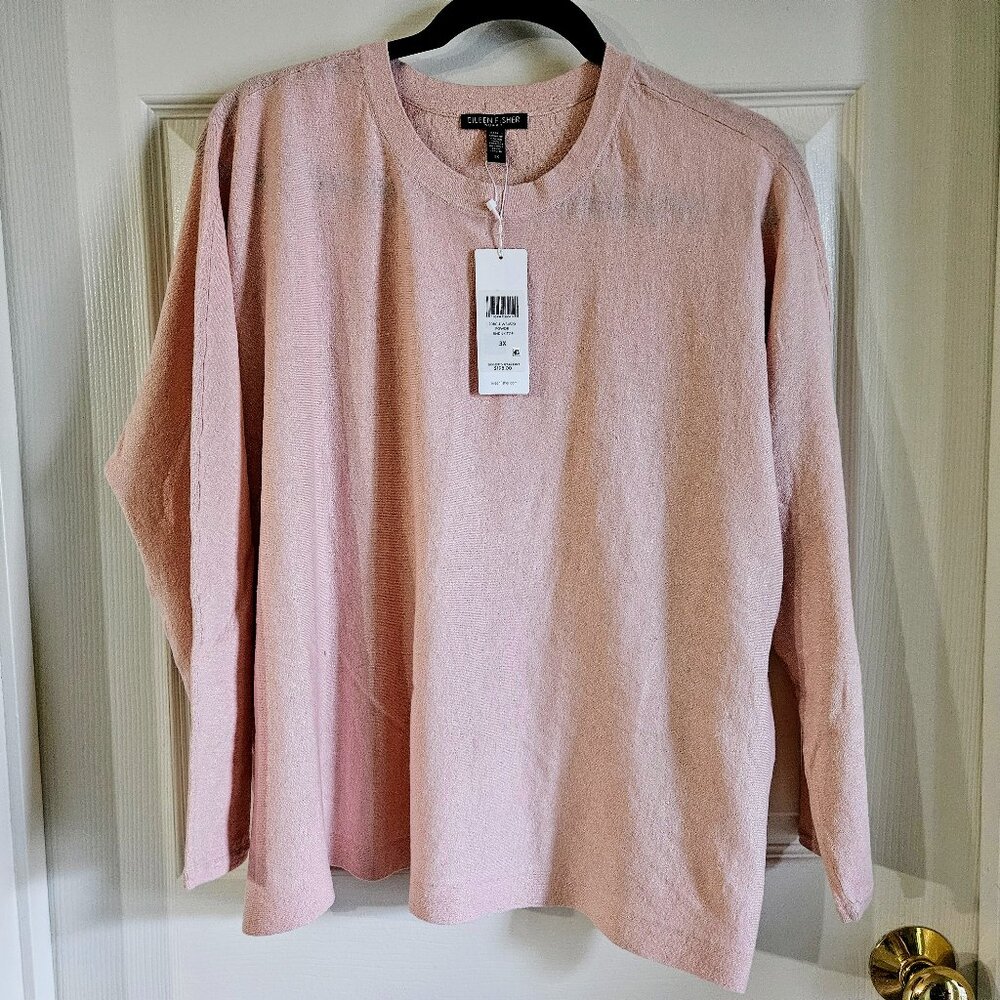 Eileen Fisher Organic Linen Crepe Stretch Roundneck Top 3X Powder Pink NWT